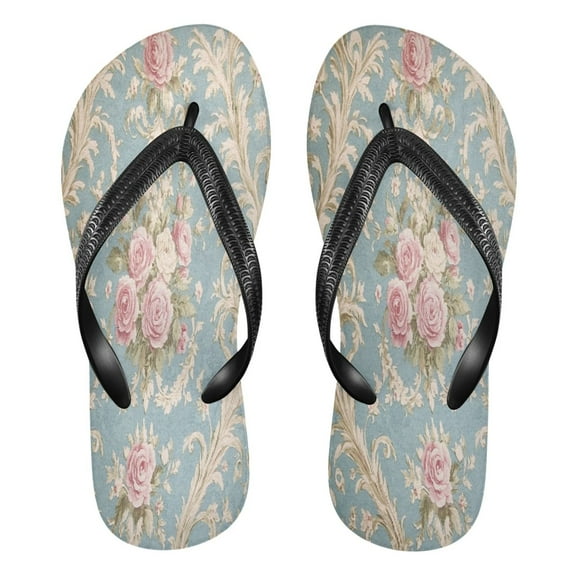 YAZAOOSummer Flip Flops Creatively Classic Roses on Serene Blue Simple Beach Sandals