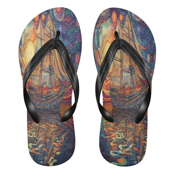 YAZAOOSummer Flip Flops Creatively Colorful Sailboat Art Simple Beach Sandals