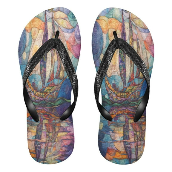 YAZAOOSummer Flip Flops Creatively Colorful Sailboat Painting Simple Beach Sandals