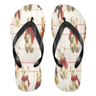 YAZAOOSummer Flip Flops Creatively Comfy Bears on Checkered Canvas Simple Beach Sandals