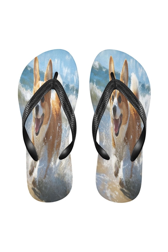 Summer Flip Flops Creatively Corgi Running on Beach Simple Beach Sandals