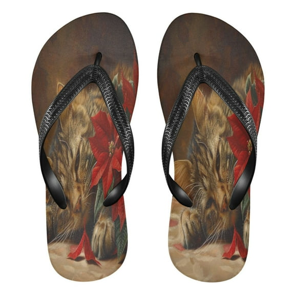 YAZAOOSummer Flip Flops Creatively Cozy Cat with Florals Simple Beach Sandals