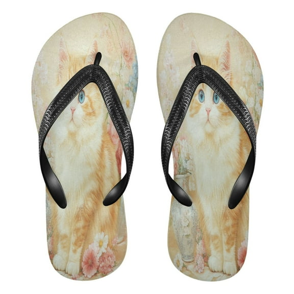 YAZAOOSummer Flip Flops Creatively Curious Cat Among Petals Simple Beach Sandals