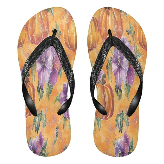 YAZAOOSummer Flip Flops Creatively Festive Orange and Purple Blossoms Simple Beach Sandals