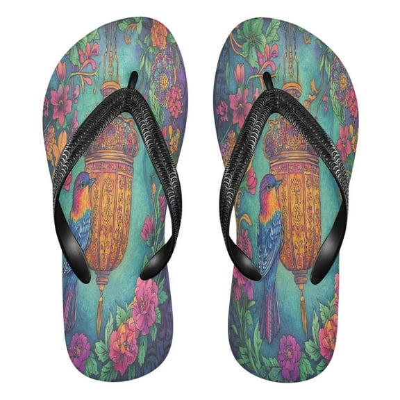 YAZAOOSummer Flip Flops Creatively Floral Lantern Bird Art Simple Beach Sandals