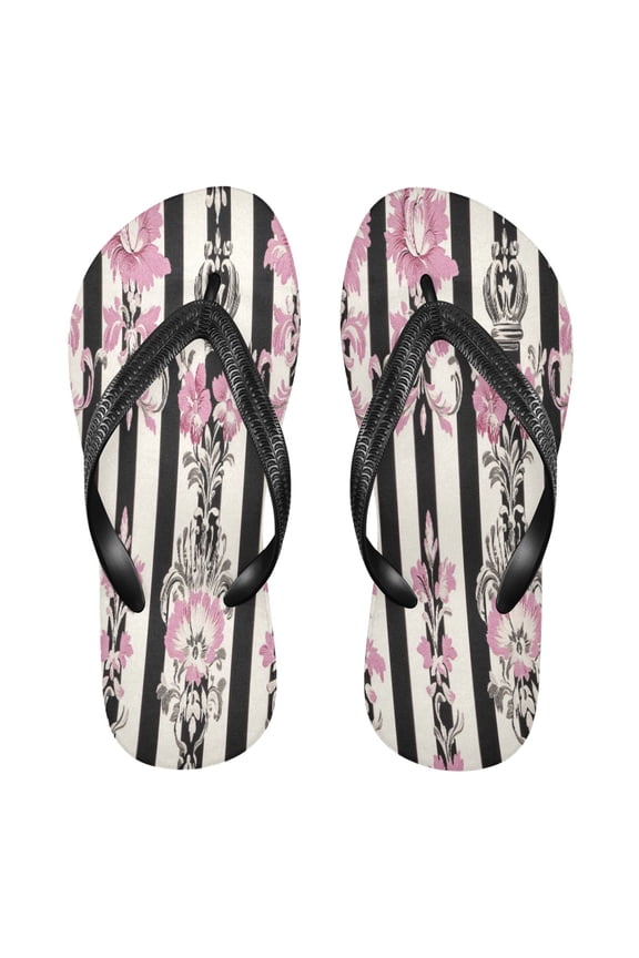 Summer Flip Flops Creatively Floral Pink Black Damask Simple Beach Sandals