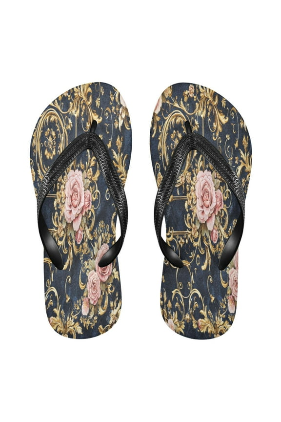 Summer Flip Flops Creatively Floral Pink Roses Gold Filigree Simple Beach Sandals