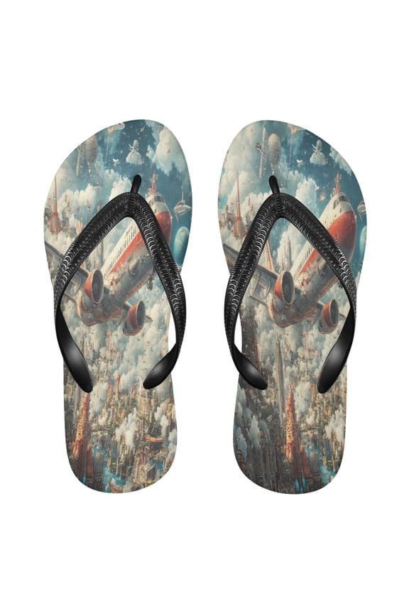 Summer Flip Flops Creatively Futuristic Cityscape with Airplane Simple Beach Sandals