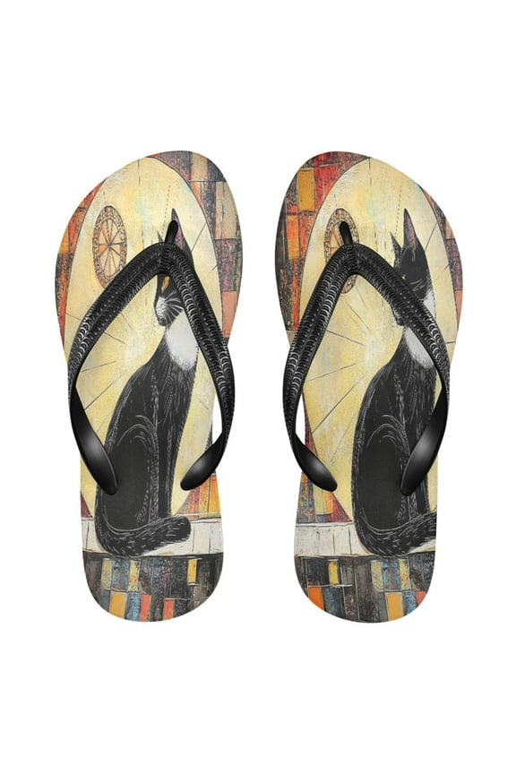 Summer Flip Flops Creatively Mystical Black Cat at Dawn Simple Beach Sandals