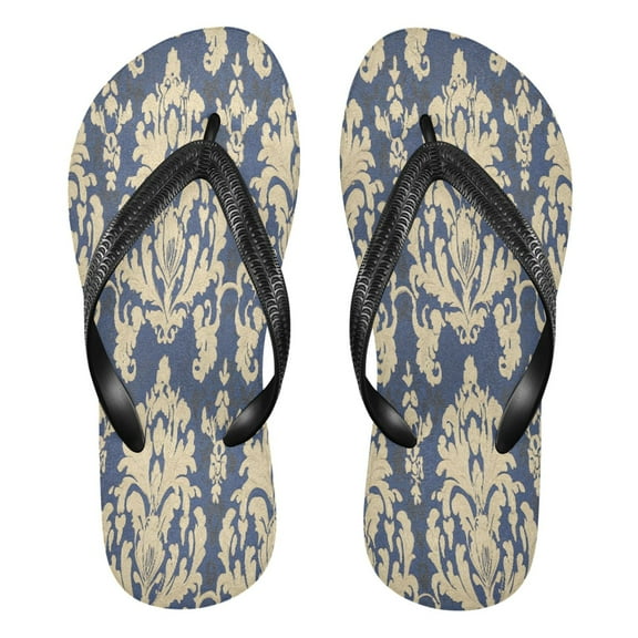 YAZAOOSummer Flip Flops Creatively Navy and Cream Damask Elegance Simple Beach Sandals