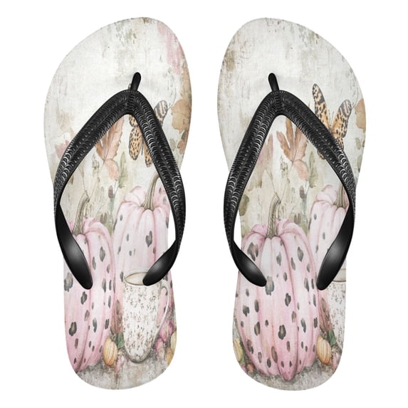 YAZAOOSummer Flip Flops Creatively Pink Pumpkins and Butterfly Delight Simple Beach Sandals