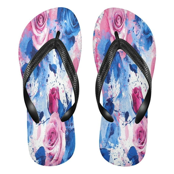 YAZAOOSummer Flip Flops Creatively Pink and Blue Roses Rrt Simple Beach Sandals