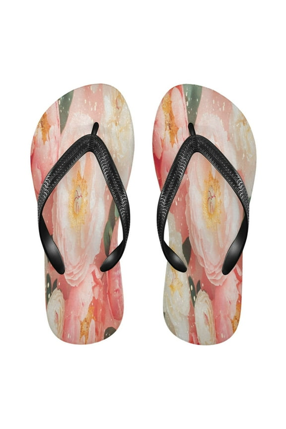 Summer Flip Flops Creatively Pink and White Peonies Sparkles Simple Beach Sandals