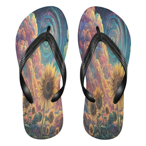 YAZAOOSummer Flip Flops Creatively Sunflowers under A Cosmic Sky Simple Beach Sandals