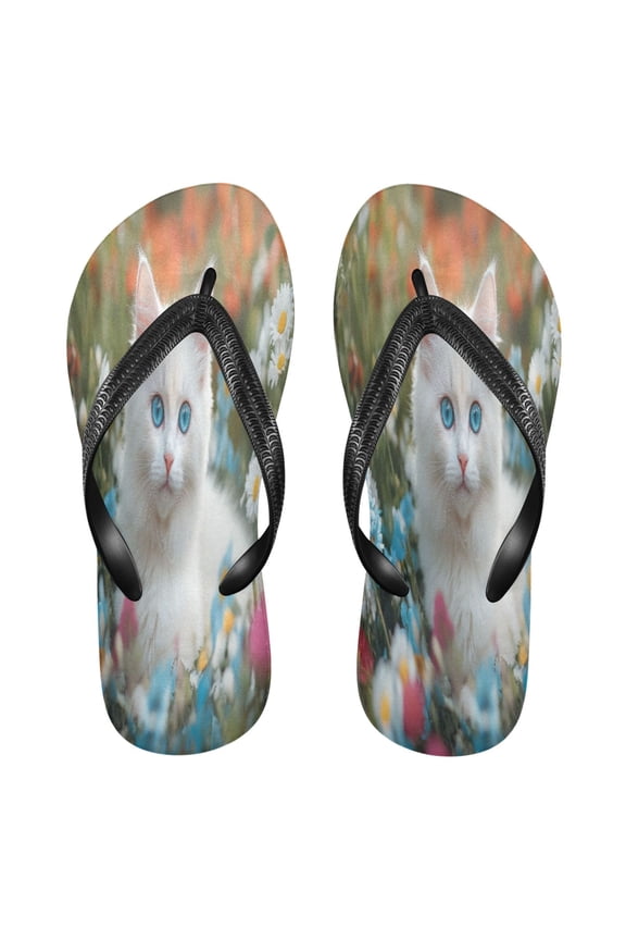 Summer Flip Flops Creatively White Cat Among Colorful Flowers Simple Beach Sandals
