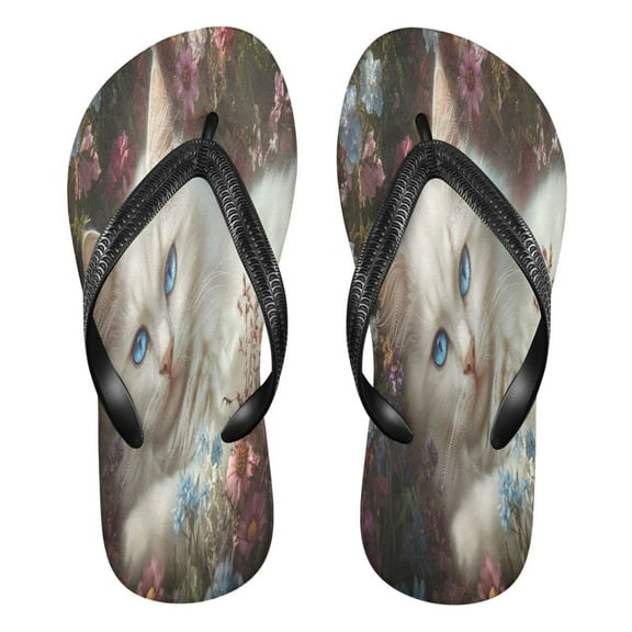 YAZAOOSummer Flip Flops Creatively White Cat Among Pink Flowers Simple Beach Sandals