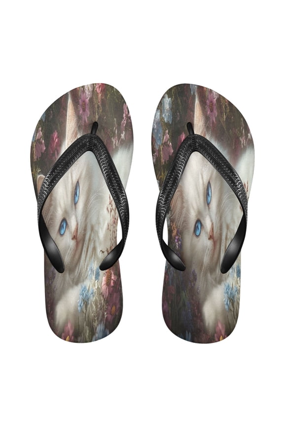Summer Flip Flops Creatively White Cat Among Pink Flowers Simple Beach Sandals