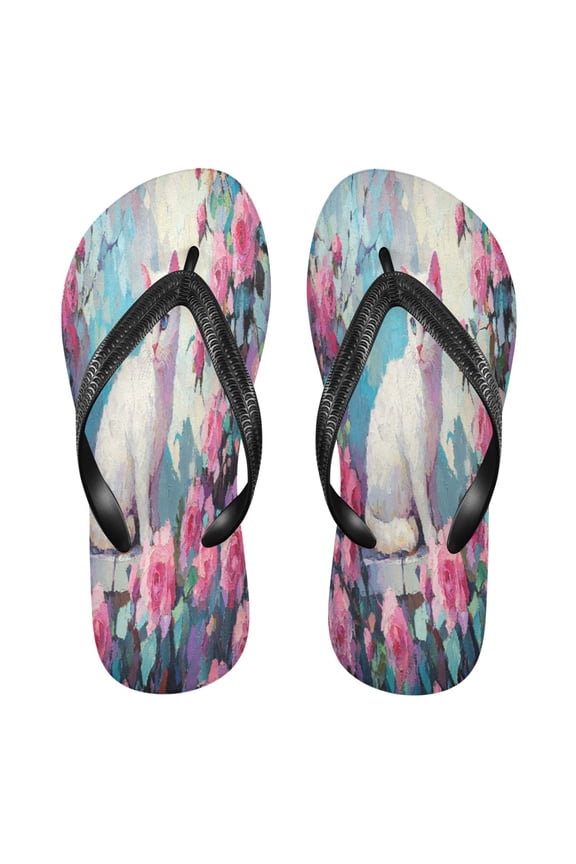 Summer Flip Flops Creatively White Cat Among Pink Roses Simple Beach Sandals
