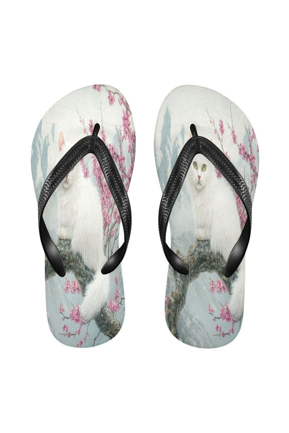 Summer Flip Flops Creatively White Cat Cherry Blossoms Mountains Simple Beach Sandals