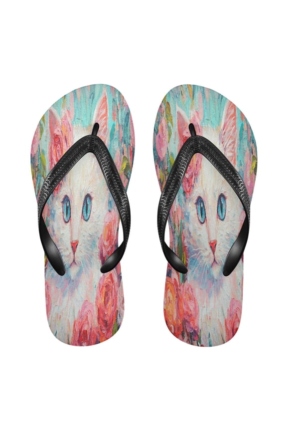 Summer Flip Flops Creatively White Cat Surrounded by Flowers Simple Beach Sandals