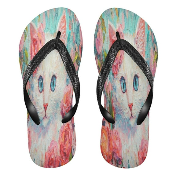 YAZAOOSummer Flip Flops Creatively White Cat Surrounded by Flowers Simple Beach Sandals