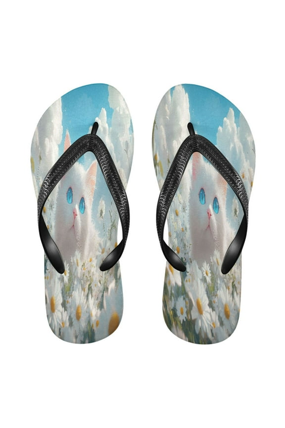 Summer Flip Flops Creatively White Cat in Daisies Field Simple Beach Sandals