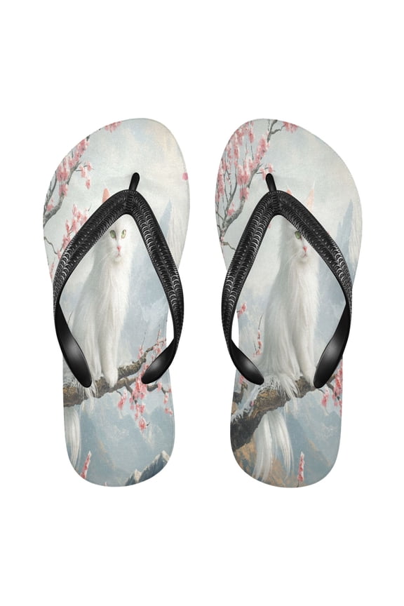 Summer Flip Flops Creatively White Cat on Branch in Cherry Blossom Simple Beach Sandals