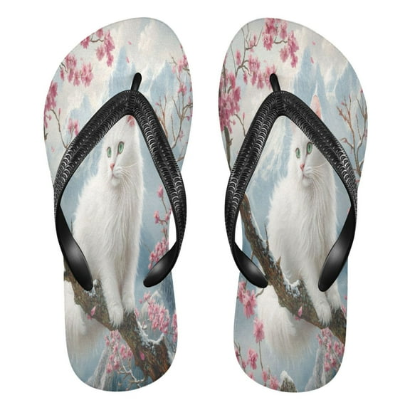 YAZAOOSummer Flip Flops Creatively White Cat on Cherry Blossom Branch Simple Beach Sandals