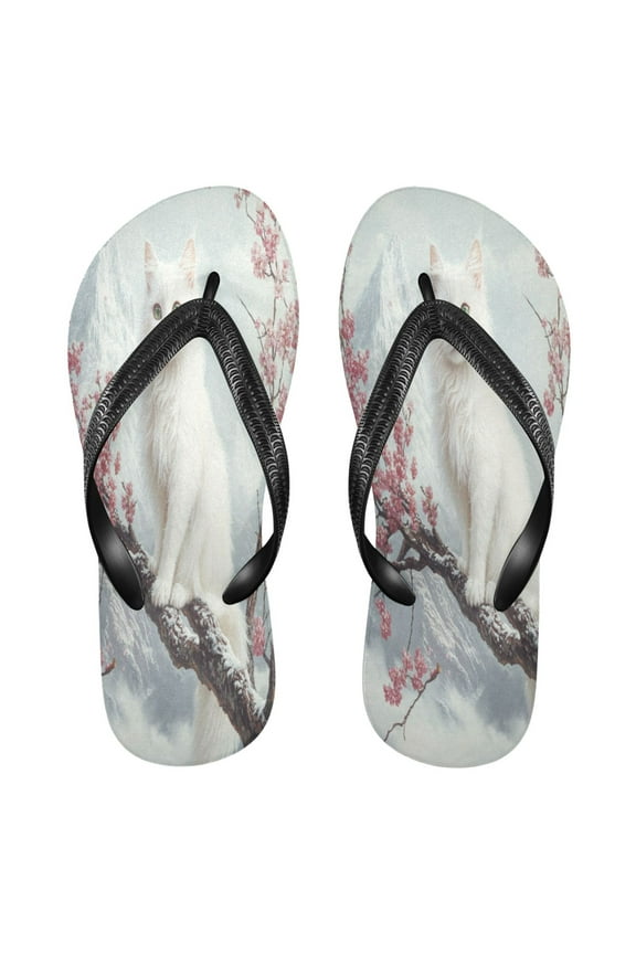 Summer Flip Flops Creatively White Cat on Cherry Blossom Tree Simple Beach Sandals