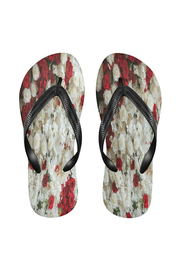 Summer Flip Flops Creatively White and Red Rose Layout Simple Beach Sandals