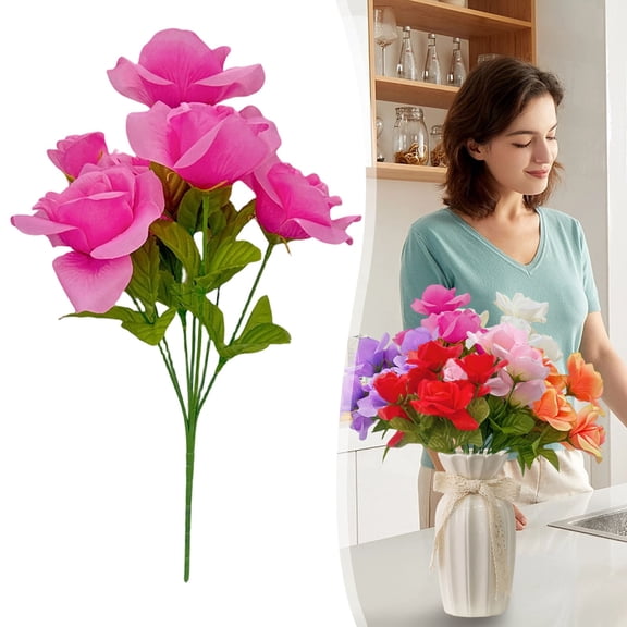 YAZHPA 1PCS Artificial Flowers Velvet Roses 7 Heads Faux Rose Flowers with Long Steam for DIY Wedding Party Decoration(Hot Pink)