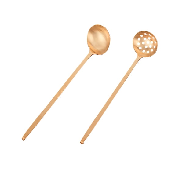 YAZHPA 2 Pcs Soup Ladle Colander Set, Gold Frosting Flatware Cookware Serving Long Handle Steel Slotted Spoon Cooking Utensil for Hotpot