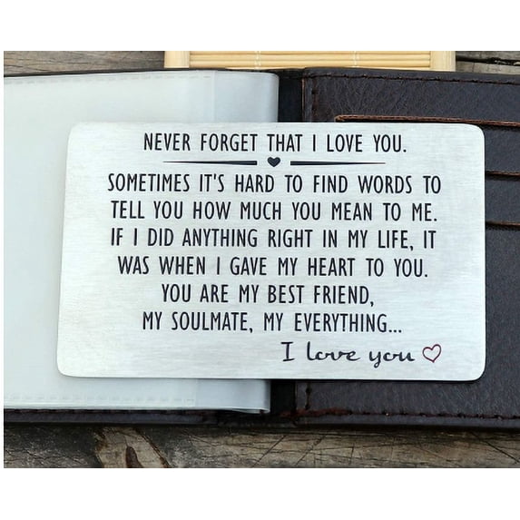 YAZHPA Anniversary Wallet Insert Card for Men or Women - Never Forget That I Love You, Engraved Wallet Insert for Boyfriend Husband Him, Birthday Wedding Deployment Gifts Cards for Couples