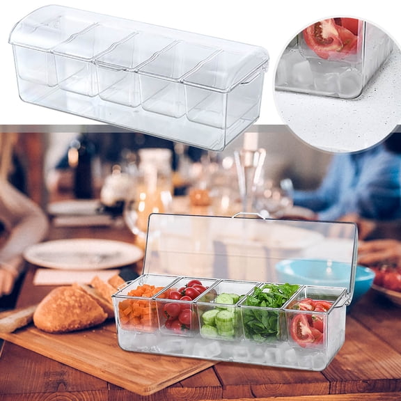 YAZHPA Condiment Tray with Lid, Transparent Ice Party Serving Tray, Chilled Condiment Server with 5 Compartments, Ideal for Parties Bars, Appetizers, Snacks, Salsa, Dips, and Sauces, Easy-to-Use