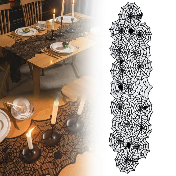 YAZHPA Halloween Decorations - Black Lace Spider Webs Table Runner - 17.7X72.1Inch Creepy Cover for Halloween Decor, Party Dinner Table Centerpiece