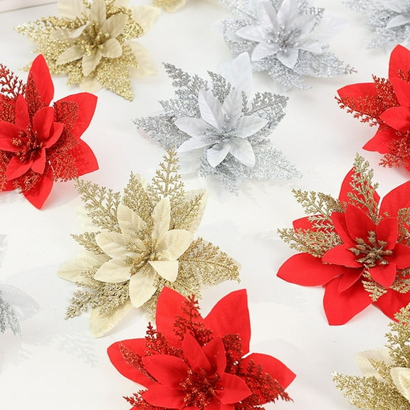 YAZHPA Poinsettias Artificial Christmas Flowers, 4 Pack Christmas Tree Ornaments Fake Christmas Flowers Decorations Wedding Xmas Tree New Year Ornaments Wreath Decoration, Red+Orange+Gold+Silver