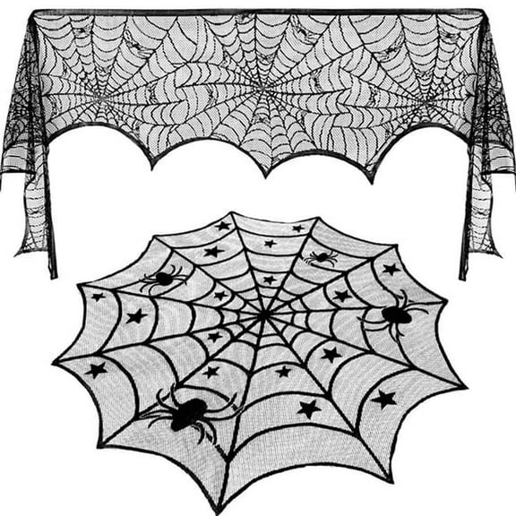 YAZHPA Round Lace Table Topper Black Spider Tablecloth and Fireplace Spider Decorations Lace Spiderweb Mantle Scarf Cover for Halloween Window, Dinner Party, Festival Party, Scarf Movie Nights