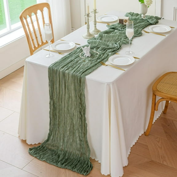 YAZHPA Sage Green Cheesecloth Table Runner, 90X300CM Boho Romantic Gauze Table Runner Cheese Cloth Long Table Runner for Wedding Party Bridal,Table Decorations