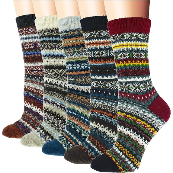YAZI 5Pack Womens Vintage Winter Soft Warm Thick Cold Knit Wool Crew Socks, Multicolor, free size