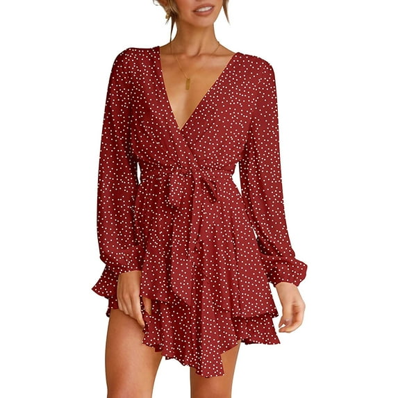 YAZI Women's Dress Deep V-Neck Long Sleeve Waist Tie Ruffle Mini Swing Skater Dresses
