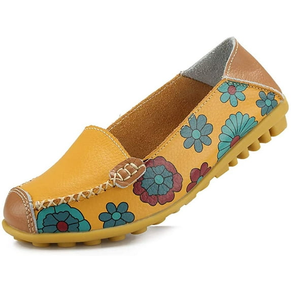 YAZI Womens Comfortable Leather Floral Print Flats Casual Driving Loafers Walking Shoes for Women