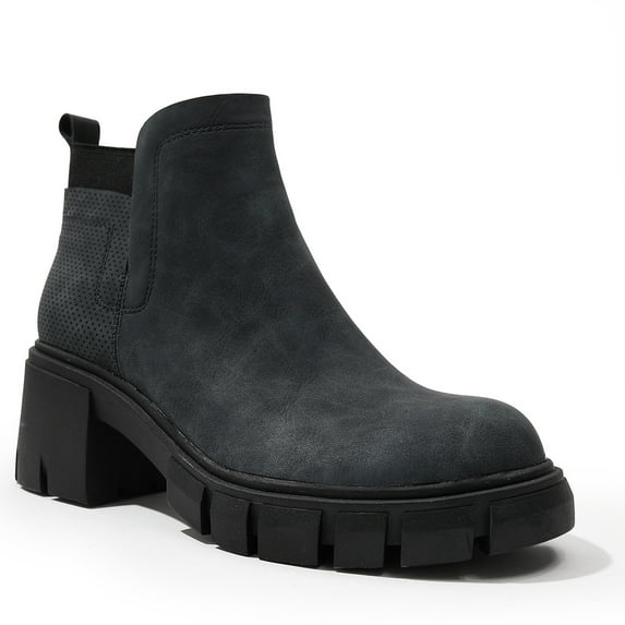 YAZI Womens Lug Sole Platform Ankle Booties Chelsea Slip on Chunky Block Heel Leather Combat Boots