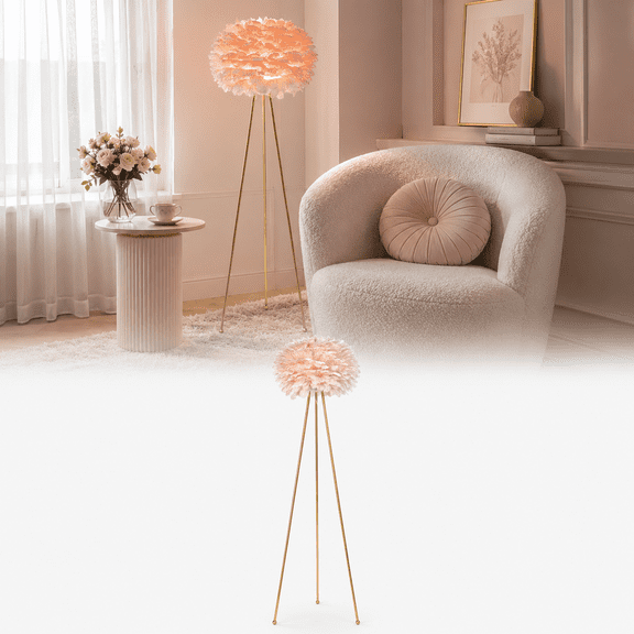 YBAWQ 60 in Pink Feather Floor Lamp with Gold Tripod, Modern Standing Accent Light