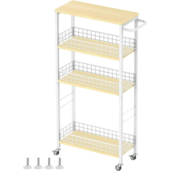 Slim Storage Cart 4-Tier Rolling Kitchen Utility Cart White Narrow Laundry Storage Cart on Wheels and Wood Table Top Mobile Shelving Unit Organizer Trolley for Bathroom Small Space 7.3" W