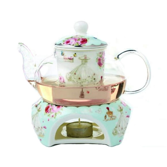YBK Tech Bone China Coffee Pot Teapot with Warmer and Tea Infuser- Rose and Dress Design C101