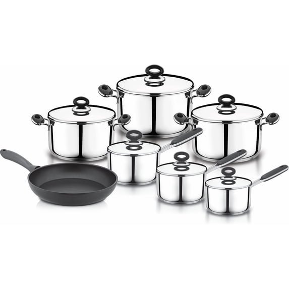 YBM Home 18/10 Tri-Ply Stainless Steel Pots and Pans 13 Pieces, Dishwasher safe, Black