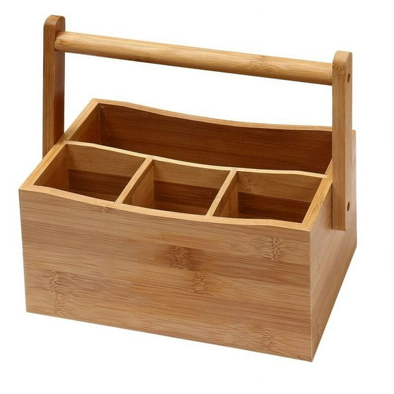 YBM HOME Bamboo Flatware Utensil Caddy with Napkin Holder and Handle, Wood Picnic Basket for Kitchen