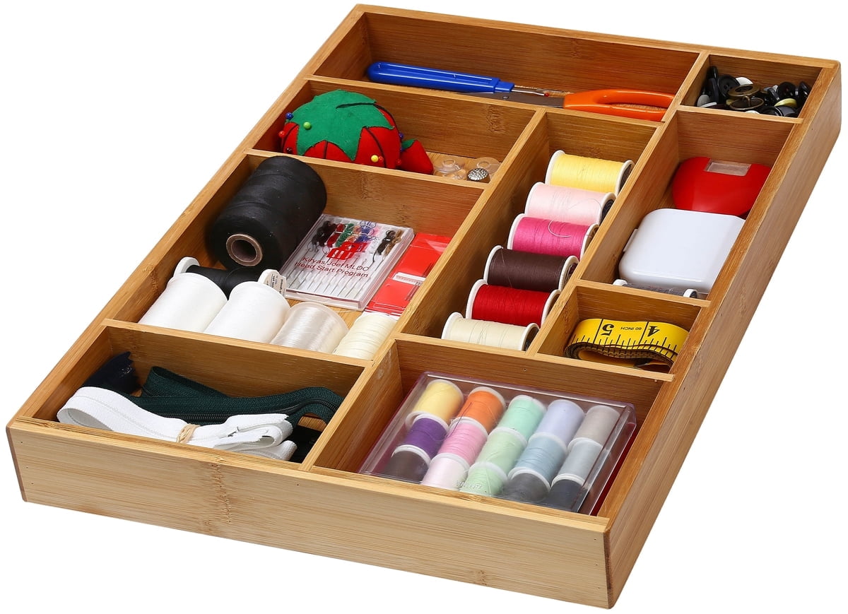YBM Home Bamboo Drawer Organizer for Home Organization - 9 Compartment Tray, Brown