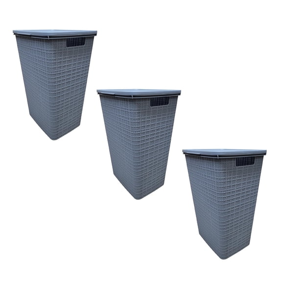 YBM Home Plastic Rattan Laundry Hamper Basket with Hinged Lid, Ventilation Holes, Durable, Lightweight Bin With Cutout Handles, Storage Dirty Clothes, Space Saver,16.75"x13.5"x23.75",Light Grey,3-Pack