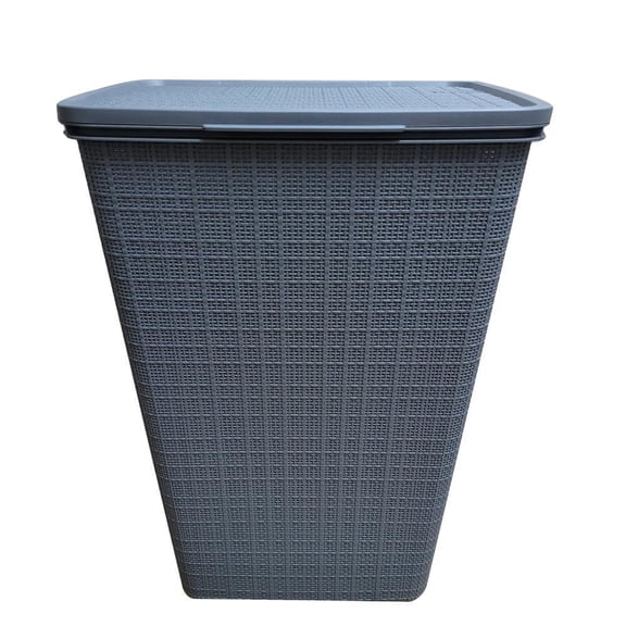 YBM Home Plastic Rattan Laundry Hamper Basket with Hinged Lid, Ventilation Holes, Durable, Lightweight Bin With Cutout Handles, Storage Dirty Clothes, Space Saver, Grey